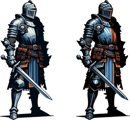 An animated image a medieval knight.
Single Game Texture. In-Game asset. 2d. Blank background. High contrast. No shadows.