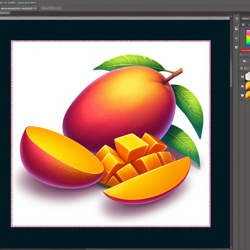 A mango and a few slices  of mango.
Single Game Texture. In-Game asset. 2d. Blank background. High contrast. No shadows.