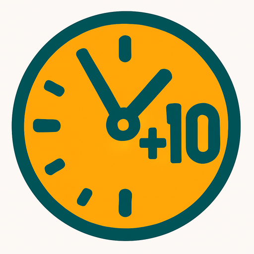 +10 inside of a clock icon.
In-Game asset.  2d.  High contrast.  No shadows