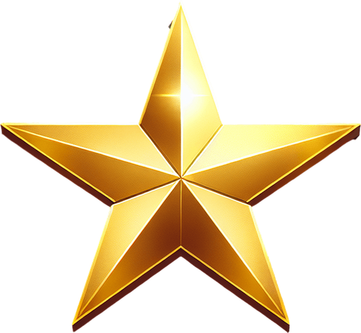 A golden star..
Single Game Texture. In-Game asset. 2d. Blank background. High contrast. No shadows.