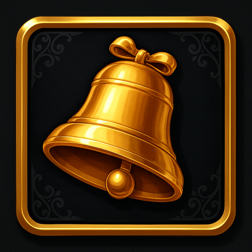 Crea un asset visual completo para el símbolo 'D' de Megaways: una Campana Dorada, directamente sobre su panel de fondo.

Diseño General:

Forma: Un panel cuadrado o ligeramente redondeado.

Fondo del Panel: Terciopelo oscuro (negro o azul noche) o un metal pulido muy oscuro.

Borde: Un borde elegante dorado o plateado alrededor del panel.

Detalles del Fondo: Puede tener un patrón sutil de filigrana de casino en las esquinas del panel.

Símbolo Central (la Campana):

Una campana clásica de tragamonedas, con un acabado dorado metálico y pulido, posicionada centralmente.

Debe tener un brillo sutil y un diseño elegante.

Puede tener un pequeño lazo o detalles decorativos..
In-Game asset.  2d.  High contrast.  No shadows