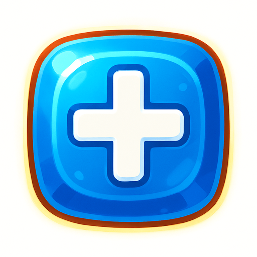 A 2D top-down icon for a match-3 special gem with a bright colored jewel (blue or red) and a bold white plus (+) sign on top.
The plus sign should be centered, thick, and clearly visible.
The gem should have a shiny, cartoon-style look with soft gradients and a glowing outline.
No background, transparent, game-ready.