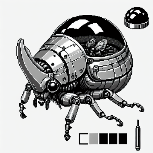 Genera un robot con una cupula de cristal donde se vea una mosca, de resto genera un cuerpo totalmente robotico de un escarabajo blindado en pixel art mirando hacia la izquierda.
Single Game Texture.  In-Game asset.  2d.  Blank background.  High contrast.  No shadows