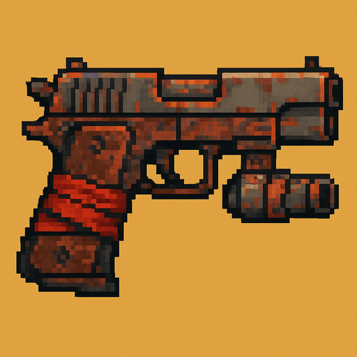 Pistol post apocalyptic world pixel art less pixel.
In-Game asset.  2d.  High contrast.  No shadows