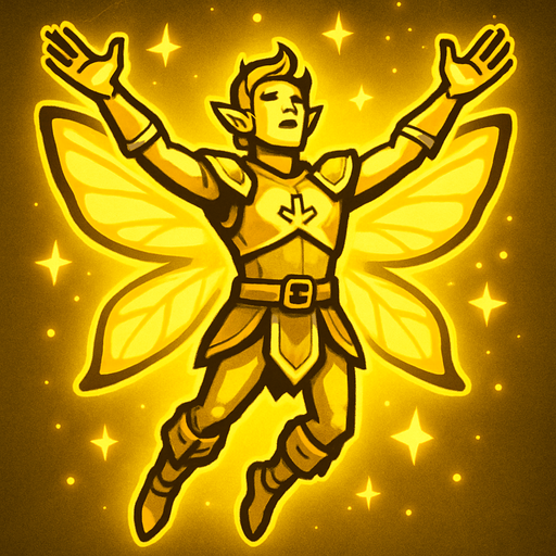 kesatria peri pria seluruh badan bercahaya melayang dengan tangan merengggang keatas.
In-Game asset.  2d.  High contrast.  No shadows