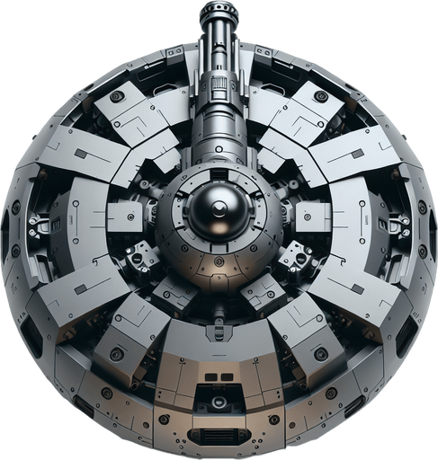 Top view (zenith view) of a simple futuristic spherical defense drone with a central top canon