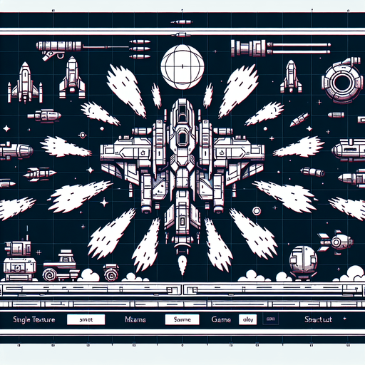 Space shooter with high weapons like missile and cannon blast.
Single Game Texture.  In-Game asset.  2d.  Blank background.  High contrast.  No shadows. 3d