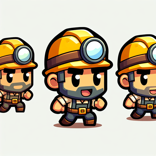 madenci çizgi karakter.
Single Game Texture. In-Game asset. 2d. Blank background. High contrast. No shadows.