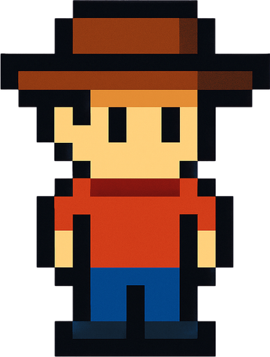 character with a hat, 2d, pixel,.
2d.  High contrast.  No shadows
