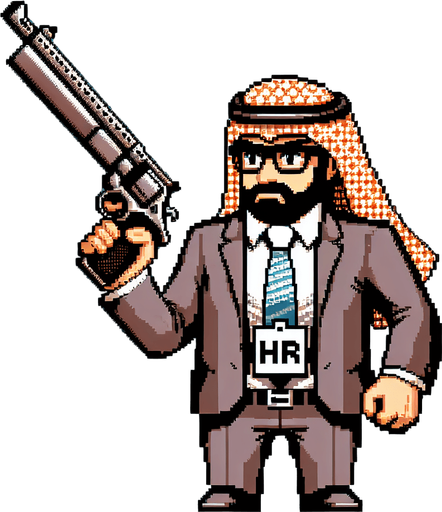 Single Game Texture. In-Game asset. 2D. Blank background. High contrast. No shadows. A pixel-art HR professional wearing a suit and tie, glasses, and holding an oversized cartoonish gun. The character should have a confident stance, professional yet whimsical, styled for a retro game.
Single Game Texture. In-Game asset. 2d. Blank background. High contrast. No shadows.
