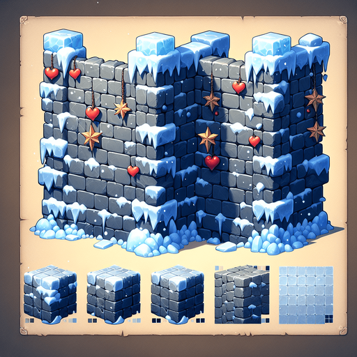 A medieval wall built of ice blocks, with stars and christmas hearts as ornaments. Single Game Texture. In-Game asset. 2d. Blank background. High contrast. No shadows.