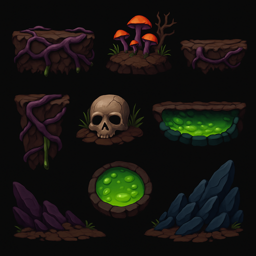 pack of a scary terrain assets for game platform, horizontal, different shapes, HD colors.
In-Game asset.  2d.  High contrast.  No shadows
