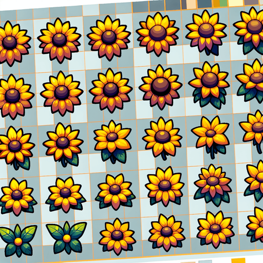 A sprite sheet of different yellow sunflowers seen from above. Cartoon. All similar size. Just the blossom. Bold colors and shading. 
Single Game Texture. In-Game asset. 2d. Blank background. High contrast. No shadows.
