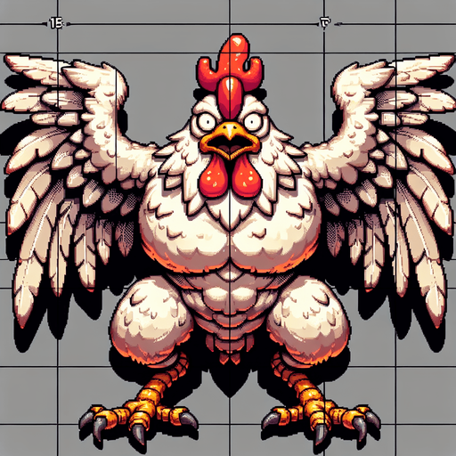 Kanatları açık canavar bir tavuk.
Single Game Texture.  In-Game asset.  2d.  Blank background.  High contrast.  No shadows