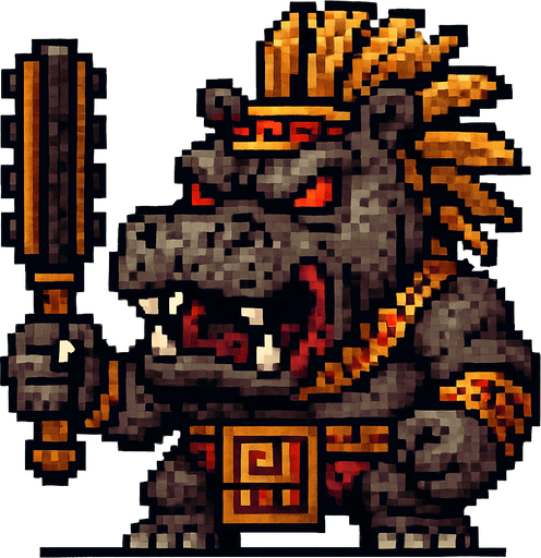Genérame un hipopotamo guerrero azteca con eso patrones, estilo pixelar, con una apariencia maligna, ojos rojos, rabioso. Unidad cuerpo a cuerpo. Animal..
In-Game asset.  2d.  High contrast.  No shadows