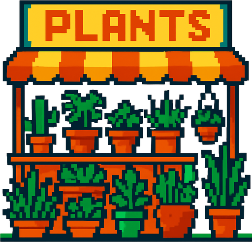 un  mercado de plantas de pixeles.
In-Game asset.  2d.  High contrast.  No shadows