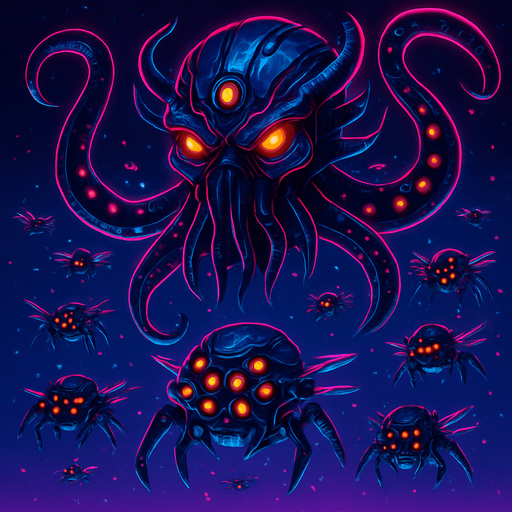 Cutout, swarm, neon cyberpunk glow horror corporate murder squid flying robot monsters