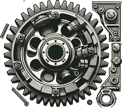 car gear top view.
Single Game Texture.  In-Game asset.  2d.  Blank background.  High contrast.  No shadows