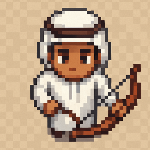 birdview 17 years old arabian boy with traditional outfit. And he is holding a bow. Pixel art png.
In-Game asset.  2d.  High contrast.  No shadows