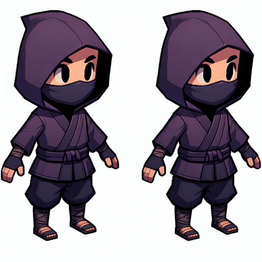 A ninja kid thief, full body, with a dark purple hoodie.
Single Game Texture. In-Game asset. 2d. Blank background. High contrast. No shadows.