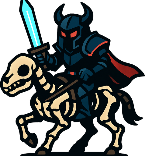 Kara şövalye iskelet atının üzerinde elinde parlak bir kılıç tutuyor.
In-Game asset.  2d.  High contrast.  No shadows