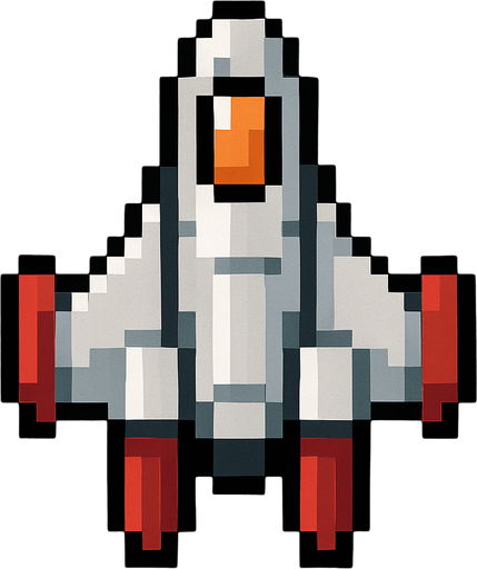 Top down 2d pixilated spaceship.
In-Game asset.  2d.  High contrast.  No shadows