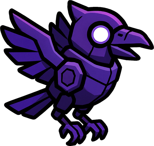 Crow robot morado volando.
In-Game asset.  2d.  High contrast.  No shadows