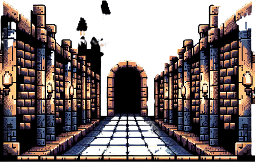 8 bit image dark castle corridor cartoon style.
Single Game Texture.  In-Game asset.  2d.  Blank background.  High contrast.  No shadows