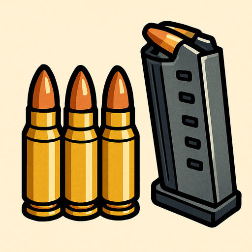 3 adet yan yana mermi, şarjör.
In-Game asset.  2d.  High contrast.  No shadows