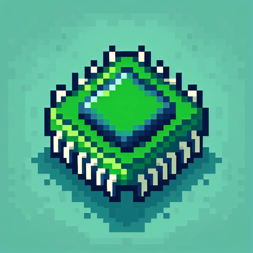 Green microchip pixelart
Single Game Texture. In-Game asset. 2d. Blank background. High contrast. No shadows.