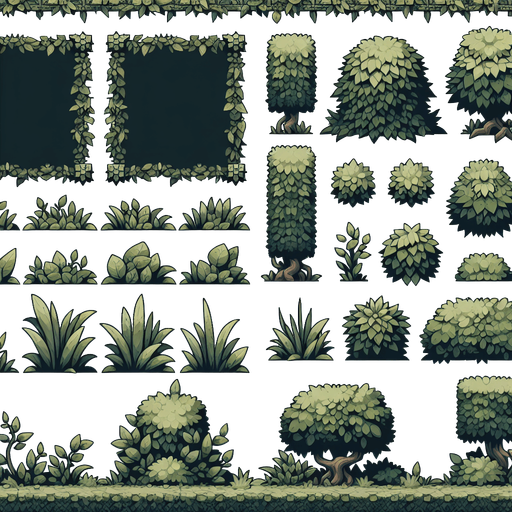 A spritesheet in sideperspective showing various low dull green hedges and bushy foliage for a platformer game. semi detailed game illustration style. medieval. muted colors..
Single Game Texture. In-Game asset. 2d. Blank background. High contrast. No shadows.