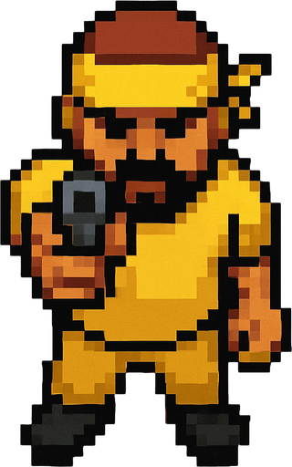 pandillero de amarillo hecho con pixeles con perspectiva desde arriba visto de frente apuntando hacia enfrente con un arma
In-Game asset.  2d.  High contrast.  No shadows