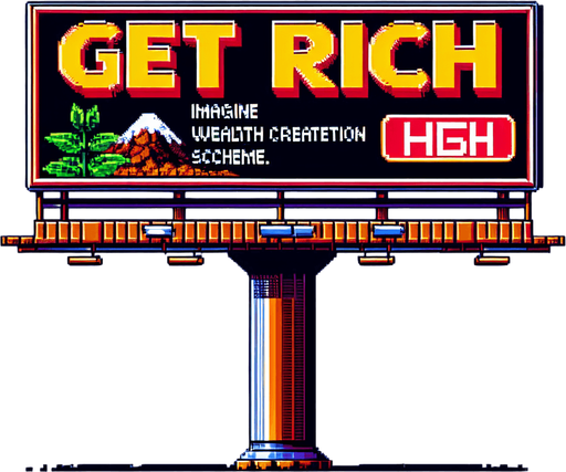 street ad billboard with 1 or 2 posts with "Get rich!" on it.
high definition video game sprite