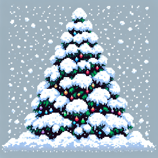 pixel art of a christmas tree covered in snow. Single Game Texture. In-Game asset. 2d. Blank background. High contrast. No shadows.