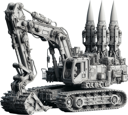 Excavator with 2d tender rockets.
Single Game Texture.  In-Game asset.  2d.  Blank background.  High contrast.  No shadows