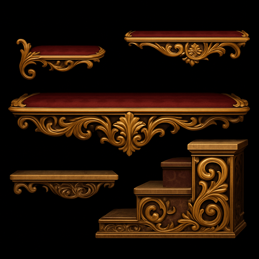 Design elegant, baroque-style 2D game platform with gold trim, carved floral designs, velvet or marble textures. Platform should feel like floating pieces of palace architecture — fancy, surreal, and majestic..
In-Game asset.  2d.  High contrast.  No shadows