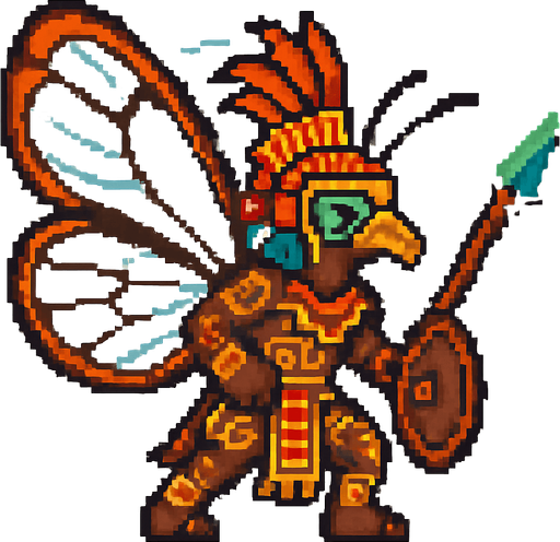 Generame un guerrero azteca con patrones, estilo pixelar, además será una Mariposa alas de vidrio (Greta oto), unidad voladora con alas, con efectos de viento. Tiene que ser un animal..
In-Game asset.  2d.  High contrast.  No shadows