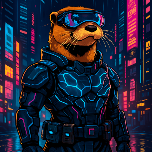 Create a hyper-detailed digital illustration of a sleek, golden-furred otter standing confidently in a neon-lit cyberpunk city at night. The otter wears high-tech armor with glowing blue and magenta circuitry patterns, a visor with holo-display reflections, and a utility belt of futuristic gadgets. Rain slicks the wet street beneath its feet, and towering skyscrapers with animated billboards loom behind. Moody atmosphere, vibrant neon color palette, cinematic lighting, 4K resolution, game-ready character portrait..
In-Game asset.  2d.  High contrast.  No shadows