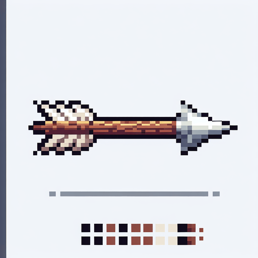 A wooden arrow with white feathers and a steel arrow head. Horizontal. Pixel art.
Single Game Texture.  In-Game asset.  2d.  Blank background.  High contrast.  No shadows