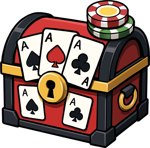A small treasure chest with poker themed graphics on it. Anime style. 
In-Game asset.  2d.  High contrast.  No shadows