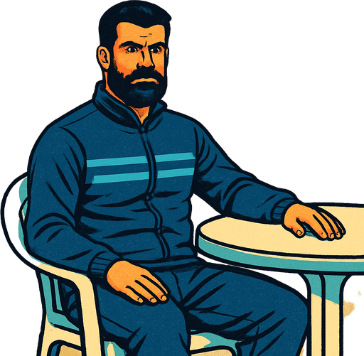 Beyaz plastik sandalye ve masa da oturan volkan demiren görseli oluştur . bu görsel de volkan demirel Lacivert eşofman takımı giyiyor olsun . retro temada olsun !.
In-Game asset.  2d.  High contrast.  No shadows