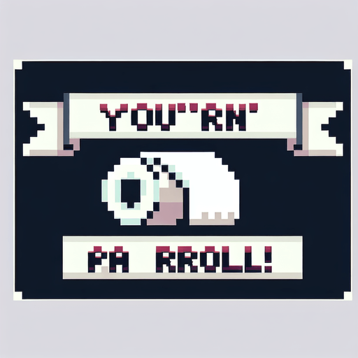 text saying "You’re on a roll!" against a toilet paper banner. pixelated. 8-bit.
Single Game Texture. In-Game asset. 2d. Blank background. High contrast. No shadows.