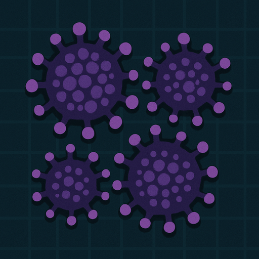 topdown view, small compact digital virus, dark purple core, clustered cell-like form, tiny spiky details, designed to appear in groups, minimal yet recognizable, fits motherboard environment.
In-Game asset.  2d.  High contrast.  No shadows