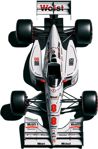 Mercedes-Benz MP4-13 F1 race car from 1999. TOP VIEW. 
BLACK & WHITE BODY. sIÉVER LIVERY Shiny-red arcs on both sides. Red 8 on nose 
Sponsor: "West" on rear wing. "Mobil1" on front wing..
Single Game Texture. In-Game asset. 2d. Blank background. High contrast. No shadows.
