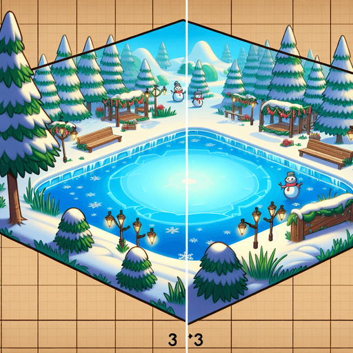 Simple Outdoor empty frozen icy lake, Christmas decorated. Camera standing at the middle of the lake looking towards shore. Cartoon. Middle of rink view. Snowmen and threes on the edge of area Single Game Texture. In-Game asset. 2d. Blank background. High contrast. No shadows.
