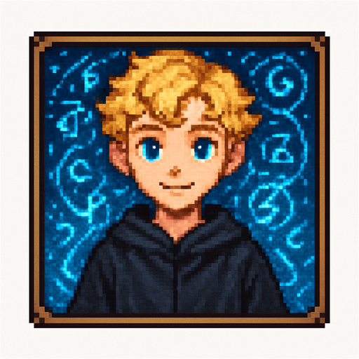 "2D pixel art of a young male wizard child with short, wavy blonde hair and bright blue eyes, wearing a long, flowing black robe. He is facing forward, smiling, looking directly at the viewer with a calm, focused expression. The character is framed inside a square border, like a portrait or selection window in a fantasy RPG. The background inside the square is filled with glowing blue magical symbols, glyphs, and swirling arcane energy to create a mystical atmosphere. The pixel art style is classic 16-bit fantasy RPG, with detailed shading and rich colors. The area outside the square frame is transparent.".
In-Game asset.  2d.  High contrast.  No shadows
