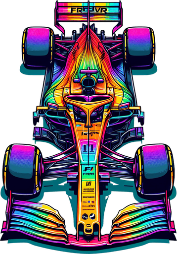 Full-length F1 race car. rainbow coloured Gradient on body. "FRVR" sponsor. Top view..
Single Game Texture. In-Game asset. 2d. Blank background. High contrast. No shadows.