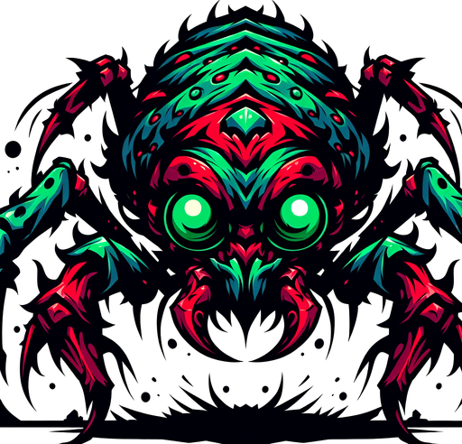 a cartoon bug. evil looking. dark green and red color..
Single Game Texture. In-Game asset. 2d. Blank background. High contrast. No shadows.