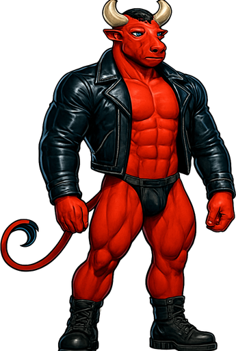 idle animation hunky Minotaur man Cyberpunk manga, minotaur monster hunk, shiny black leather biker jacket longsleeves shirtless muscles, jockstrap combat boots, Background removed, "Full-body character, entirely in frame, no cropping of face, head, or feet" "Complete character visible, from horns to hooves, fully centered in the image" "Entire character, including face and boots, fully within the frame" Character fully contained within a square frame, no edges cut off fashion model idle pose