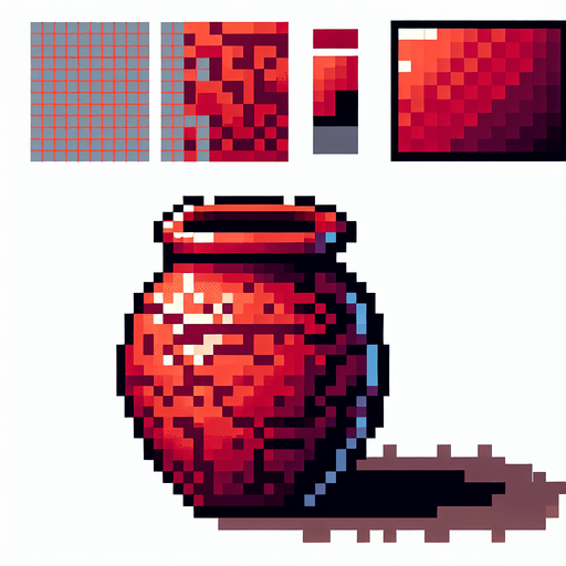A thin red earthen jar. 8 bit Pixel art..
Single Game Texture.  In-Game asset.  2d.  Blank background.  High contrast.  No shadows